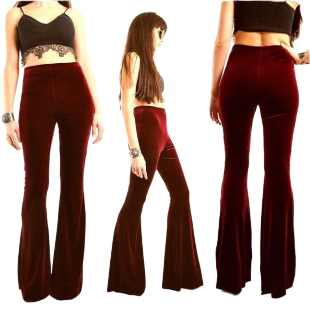 PETITE LENGTH High Waisted Velvet Bell Bottom Pants Boho Hippie Size XS S M L XL